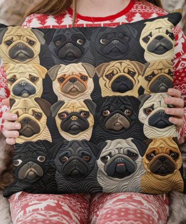 Pug Garden Quilted Pillow Cover - Charming Pug Illustration With Botanical Accents, Quilted Decorative Pillowcase, Soft & Washable