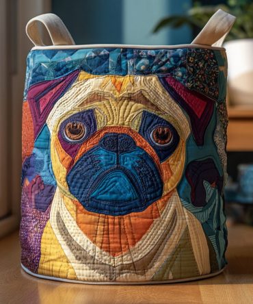 Pug Bloom Quilted Collapsible Laundry Hamper - Floral Pug Print Washable Storage Basket For Bedroom, Nursery & Pet Owners