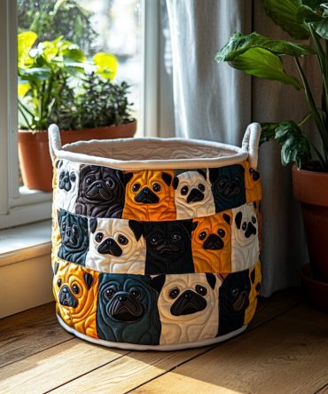 Pug Charm Quilted Pet-Print Laundry Hamper – Cute Dog Pattern Storage Bin, Foldable Washable Fabric Hamper With Strong Handles