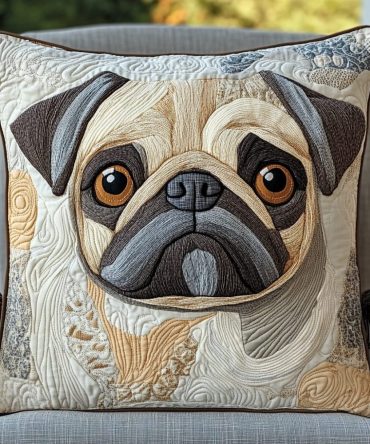 Cute Pug Face Quilted Decorative Pillow Cover — Playful Dog Lover Throw Pillow Case, Soft Quilted Texture For Couch & Nursery