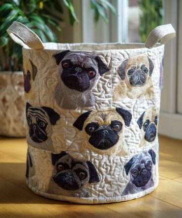 Pug Family Quilted Fabric Hamper - Cute Dog-Themed Collapsible Laundry Basket For Pet Lovers, Nursery & Kids' Rooms