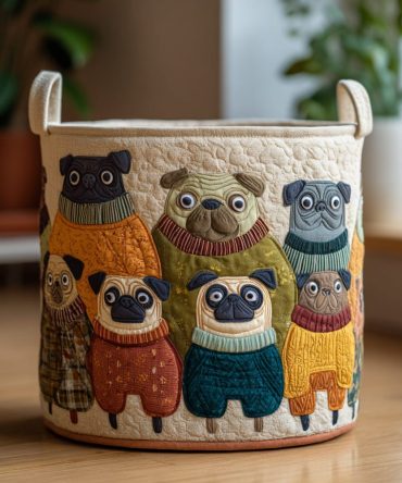 Pug Friends Quilted Laundry Hamper — Playful Pug Print Fabric Laundry Basket With Durable Handles For Pet Lovers & Fun Home Decor