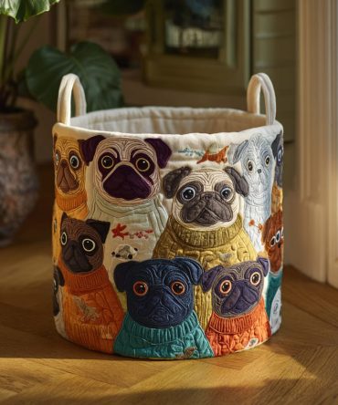 Pug Gathering Quilted Laundry Hamper — Adorable Pug Print Fabric Basket With Handles, Foldable Pet-Lover Laundry & Toy Storage Bin