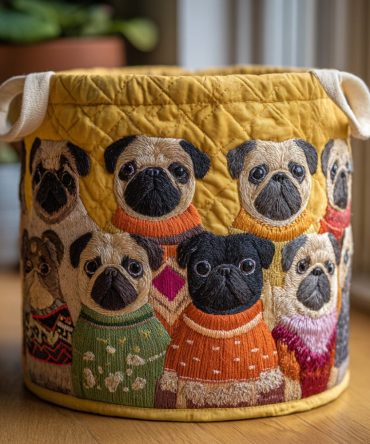 Pug Haven Quilted Storage Hamper – Decorative Dog-Print Laundry Basket, Collapsible Fabric Hamper With Handles For Easy Transport