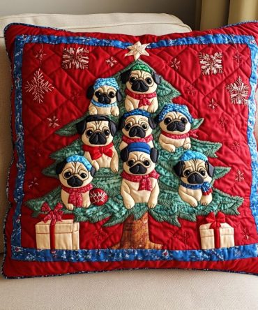Pug Holiday Spirit Quilted Decorative Pillow Cover - Adorable Pug Christmas Throw Pillowcase, Quilted Microfiber Accent For Festive Homes