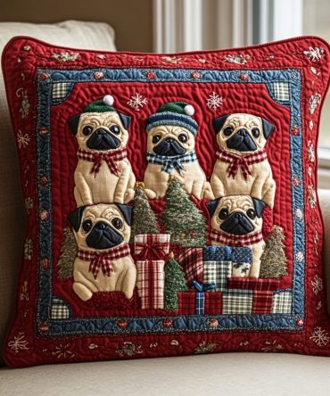 Pug Holiday Spirit Quilted Pillow Cover — Cute Festive Pug Throw Pillowcase, Dog Lover Christmas Decorative Quilted Accent