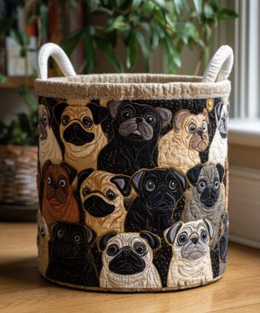 Pug Moments Quilted Collapsible Laundry Hamper - Cute Pug Print Storage Basket, Washable & Durable With Reinforced Handles For Home