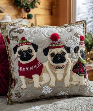 Pug Parade Quilted Pillow Cover — Cute Pug-Themed Throw For Living Room & Nursery, Soft Cotton-Blend Finish, Washable