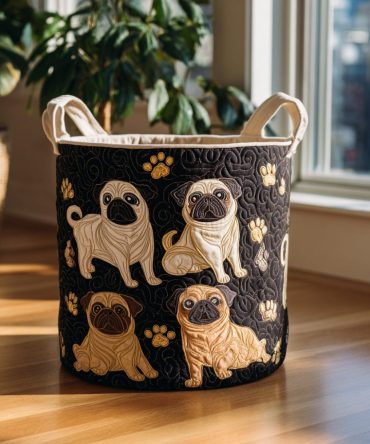 Pug Paradise Patterned Quilted Laundry Hamper – Charming Dog-Print Fabric Storage Bin, Foldable & Machine-Washable With Handles