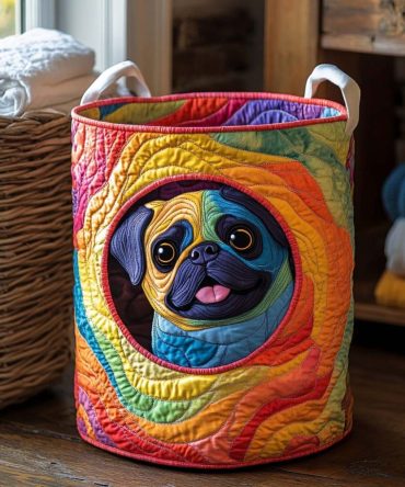 Pug Pop Quilted Laundry Hamper — Cute Dog Print Foldable Basket, Roomy Capacity, Reinforced Handles & Easy-Care Design
