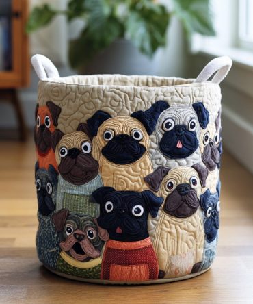 Pug Spirit Quilted Hamper — Playful Pug Print Fabric Laundry Basket, Collapsible Soft Storage With Handles For Pet Lovers & Kids