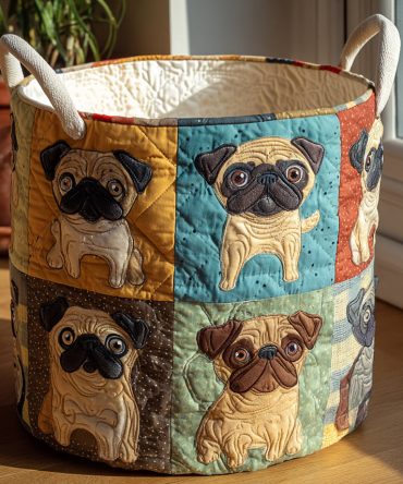 Pug Whimsy Quilted Laundry Hamper — Adorable Pug Print Decorative Collapsible Basket With Durable Handles For Pet Lovers & Kids