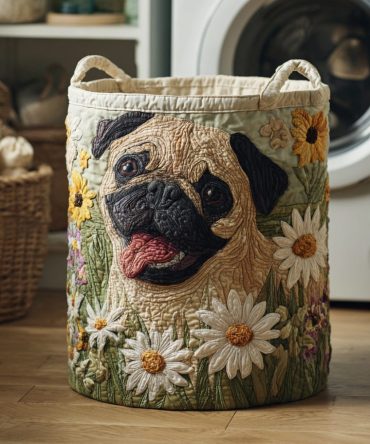 Pug In Daisies Quilted Laundry Hamper – Cute Pug & Daisy Print Foldable Storage Basket For Dog Lovers, Nursery & Bedroom