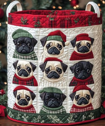 Pugmas Patchwork Joy Quilted Hamper — Festive Patchwork Pug Design, Large Collapsible Washable Laundry Organizer With Handles