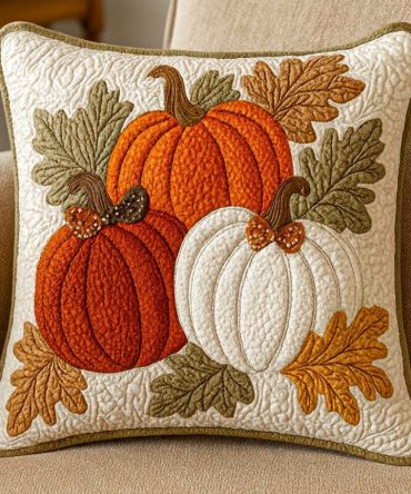 Autumn Pumpkin Leaf Charm Quilted Pillow Cover — Charming Fall Decorative Throw Pillowcase With Leaf Motif, Soft Textured Cotton Blend