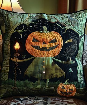 Pumpkin Man Quilted Accent Pillow Cover — Festive Halloween & Fall Throw Pillowcase, Cotton Blend For Cozy Seasonal Styling