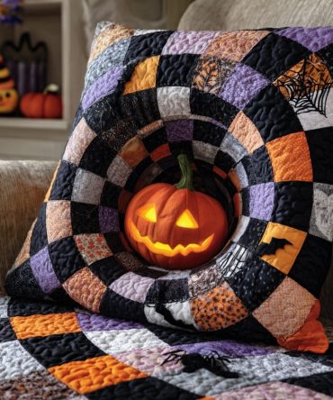 Pumpkin Abyss Quilted Pillow Cover — Moody Fall & Halloween Accent, Textured Quilting With Bold Pumpkin Design, Zippered Decorative Case