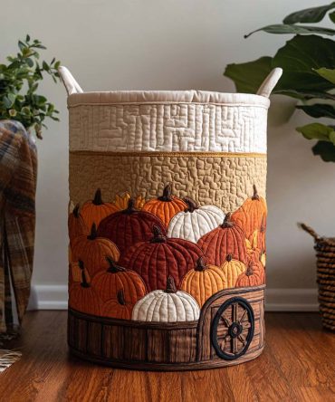 Pumpkin Barrel Quilted Laundry Hamper — Autumn Quilted Cotton Basket With Handles, Foldable Decorative Storage For Clothes & Linens