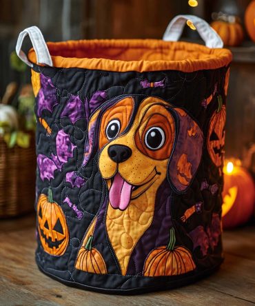 Pumpkin Beagle Quilted Laundry Hamper - Festive Fall Dog Print Collapsible Washable Fabric Basket For Laundry & Toy Storage