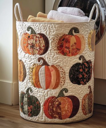 Pumpkin Bliss Quilted Laundry Hamper — Stylish Fall Fabric Laundry Basket, Lightweight Washable Storage With Handles