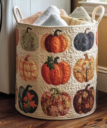 Pumpkin Bloom Quilted Laundry Hamper — Autumn Floral Quilted Foldable Basket, Durable & Washable With Reinforced Handles