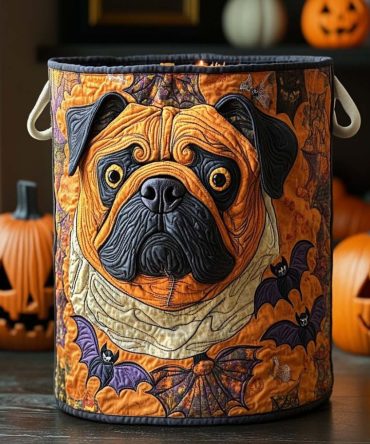 Pumpkin Bulldog Quilted Laundry Hamper — Festive Bulldog & Pumpkin Fabric Basket, Foldable Autumn Organizer With Handles