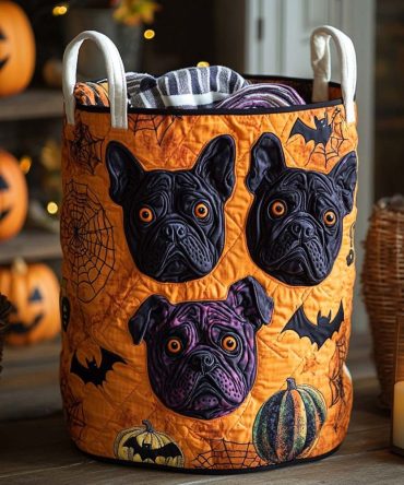Pumpkin Bulldog Trio Quilted Laundry Hamper — Halloween Dog-Print Storage Basket, Foldable Cotton, Durable Handles, Gift-Ready