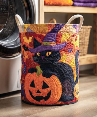 Pumpkin Cat Quilted Laundry Hamper – Large Collapsible Basket With Durable Handles, Cute Seasonal Design For Kids & Home Storage