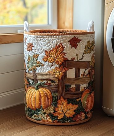 Pumpkin Charm Quilted Laundry Hamper – Autumn Harvest Fabric Basket, Foldable Seasonal Laundry Organizer, Durable & Machine Washable