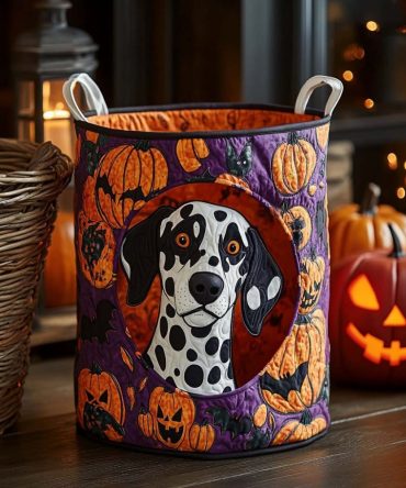 Pumpkin Dalmatian Quilted Laundry Hamper — Whimsical Dalmatian & Pumpkin Fabric Basket, Collapsible Fall-Themed Storage