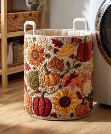 Pumpkin Dreams Quilted Fabric Laundry Hamper — Autumn Pumpkin Print Foldable Laundry Basket With Handles, Seasonal Decorative Storage