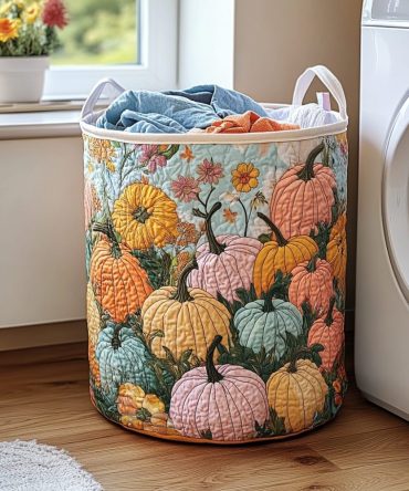 Pumpkin Field Quilted Laundry Hamper — Rustic Fall-Inspired Fabric Basket With Handles, Foldable Storage For Cozy Home Decor