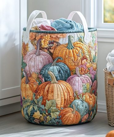 Pumpkin Garden Quilted Laundry Hamper - Autumn Pumpkin & Vine Print, Foldable Quilted Storage Basket, Durable Cotton-Linen, Home Organizer