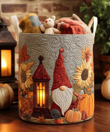 Pumpkin Gnome Life Quilted Laundry Hamper – Whimsical Pumpkin Gnome Laundry Basket, Large Fall Storage Hamper With Handles & Foldable Design