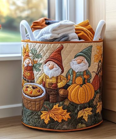Pumpkin Gnome Quilted Laundry Hamper — Festive Fall Fabric Basket, Collapsible Laundry Storage With Handles For Cozy Seasonal Decor