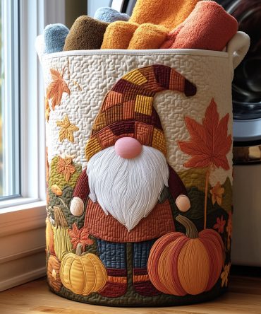 Pumpkin Gnome Quilted Laundry Hamper — Seasonal Autumn Storage Basket, Foldable Laundry Bin With Handles For Cozy Home Decor