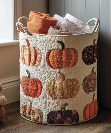 Pumpkin Magic Quilted Laundry Hamper - Autumnal Decorative Fabric Basket With Handles , Seasonal, Durable & Machine-Washable Organizer