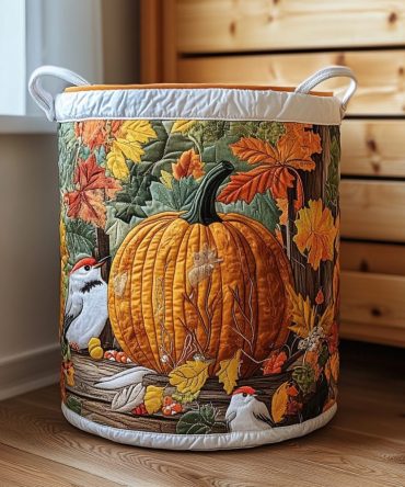 Pumpkin Meadow Quilted Laundry Basket — Autumn-Inspired Quilted Hamper With Carry Handles, Collapsible Linen Storage For Cozy Home & Nursery