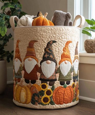 Pumpkin Patch Gnome Quilted Laundry Hamper – Festive Autumn Fabric Basket, Foldable & Durable With Reinforced Handles For Seasonal Decor