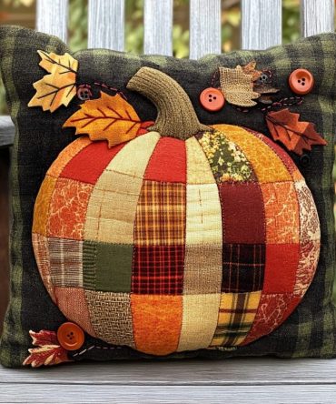 Cozy Pumpkin Patchwork Quilted Pillow Cover - Autumn Decorative Throw Pillowcase, Soft Cotton Blend & Farmhouse Accent