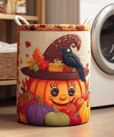 Pumpkin Path Quilted Laundry Hamper — Harvest-Themed Fabric Basket, Foldable Pumpkin Design Laundry Storage For Fall Decor