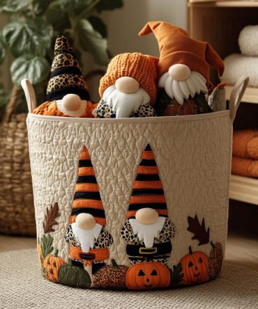 Pumpkin Spell Gnome Quilted Laundry Hamper — Seasonal Fall Fabric Storage Basket, Collapsible Durable Liner For Laundry, Toys & Blankets