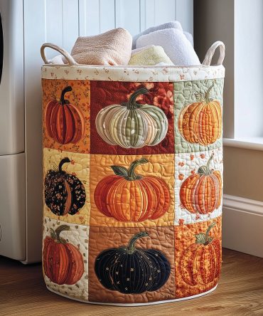 Pumpkin Tale Quilted Fabric Laundry Hamper — Decorative Fall Laundry Basket, Washable, Portable & Sturdy For Home Storage