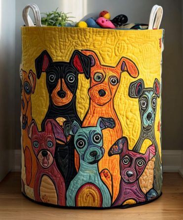 Pup Parade Quilted Laundry Hamper — Charming Dog Pattern Foldable Fabric Basket, Reinforced Handles, Versatile Home Storage