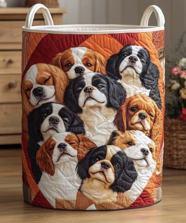 Puppy Parade Quilted Laundry Hamper — Adorable Dog Print Foldable Basket With Handles, Perfect For Kids & Pet Owners