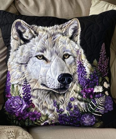 Purple Dream Wolf Quilted Pillow Cover – Mystical Purple Wolf Throw Pillowcase, Quilted Fantasy Animal Accent For Bedroom & Living Areas