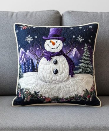 Purple Snowman Quilted Holiday Pillow Cover — Whimsical Purple Snowman Throw Case, Cozy Quilted Winter Décor, Soft & Easy Care