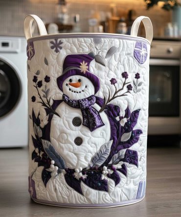 Purple Berry Snowman Quilted Laundry Hamper — Festive Winter Collapsible Laundry Basket With Cute Snowman Design, Easy Care