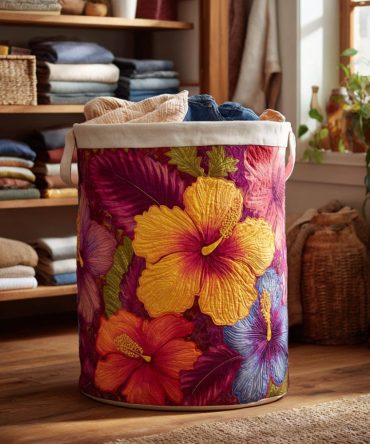 Purple Flame Quilted Laundry Hamper — Modern Purple Abstract Foldable Laundry Basket With Handles , Bold Bedroom & Bath Organizer