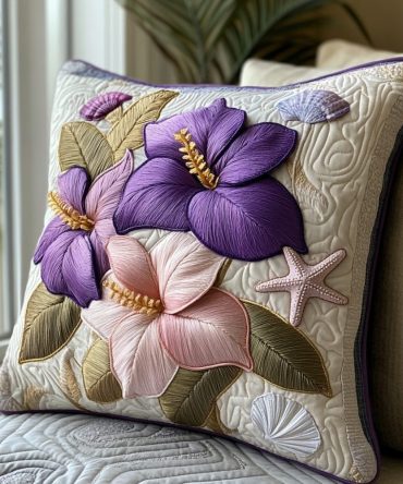 Purple Hibiscus Quilted Pillow Cover — Vibrant Tropical Floral Accent, Plush Quilting, Machine Washable Decorative Case